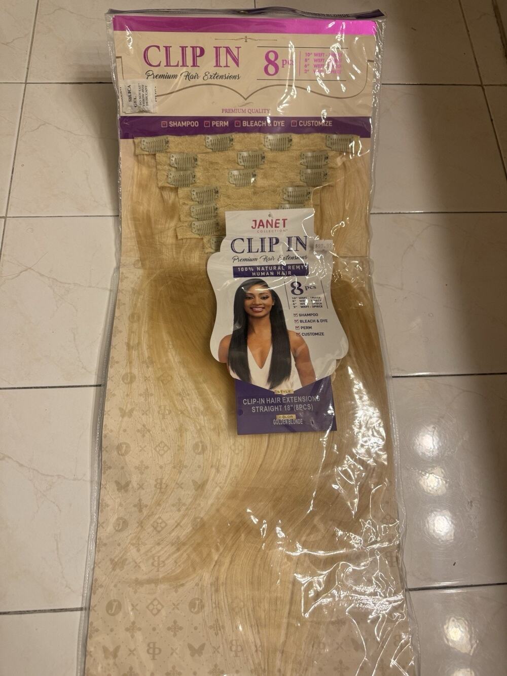 Janet Collection 100% Human Hair Clip-In Extensions 18” 8PC Golden Blonde New